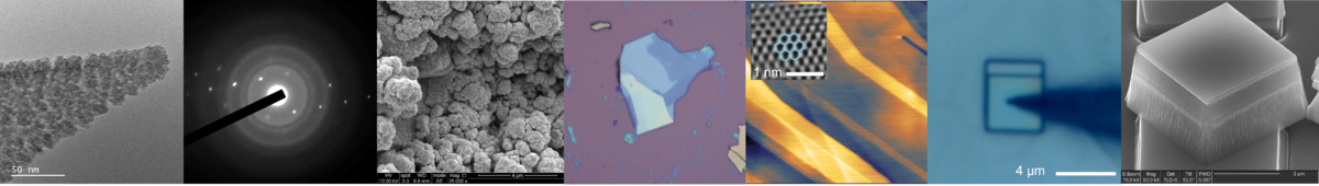 Left to right: (1-2). TEM image of a TiO2-coated AFM tip and its electron diffraction pattern; (3) SEM image of a WC-coated surface with a hierachical self-similar morphology, reminiscent of a close-up view of broccli; (4) A graphene/graphite flake exfoliated onto a SiO2 substrate; (5) AFM image of the atomic steps on a graphite surface; (6) Optical image of a superlubric micro-slider under the manipulation of a tip; (7) SEM image of another superlubric micro-slider which is rotationally misaligned. Left to right: (1-2). TEM image of a TiO2-coated AFM tip and its electron diffraction pattern; (3) SEM image of a WC-coated surface with a hierachical self-similar morphology, reminiscent of a close-up view of broccli; (4) A graphene/graphite flake exfoliated onto a SiO2 substrate; (5) AFM image of the atomic steps on a graphite surface; (6) Optical image of a superlubric micro-slider under the manipulation of a tip; (7) SEM image of another superlubric micro-slider which is rotationally misaligned.